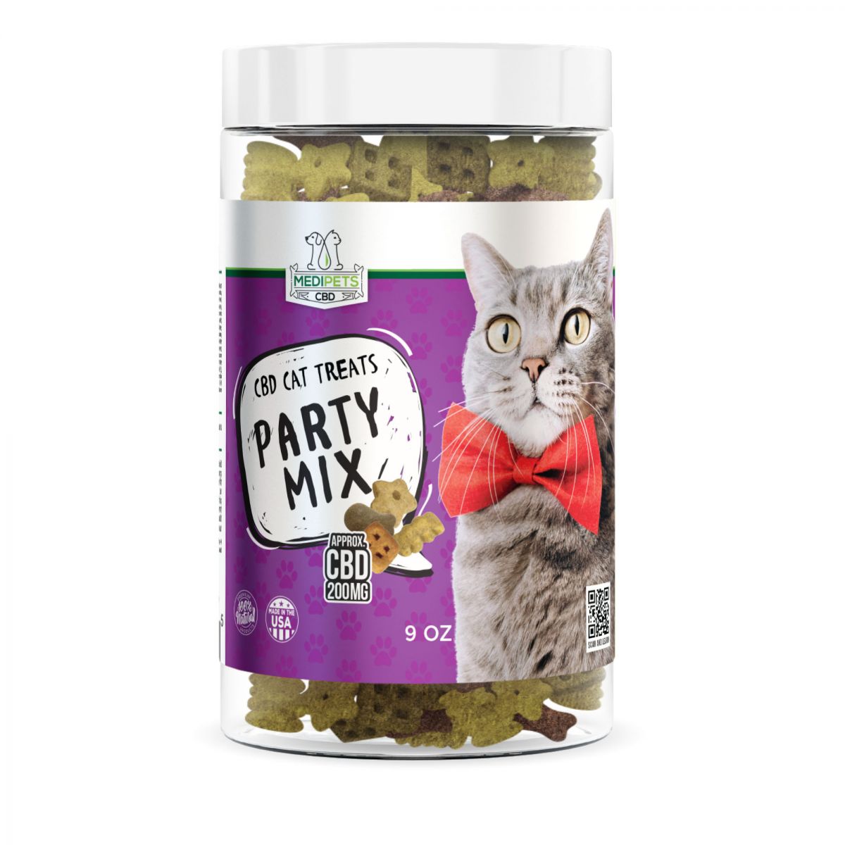 Packed with 200mg of CBD (cannabidiol), our CBD cat treats are a party-in-a-treat infused with industrial CBD hemp oil and made in the USA. MediPets CBD Cat Treats Party Mix are a great way to treat your kitty to a feline snack filled with all-natural CBD, one that your cat will love.